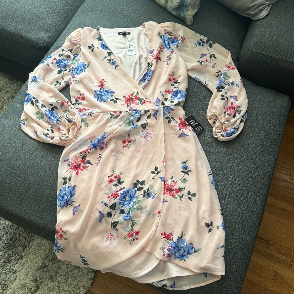 Express Floral Wrap Dress - Pink and Blue
